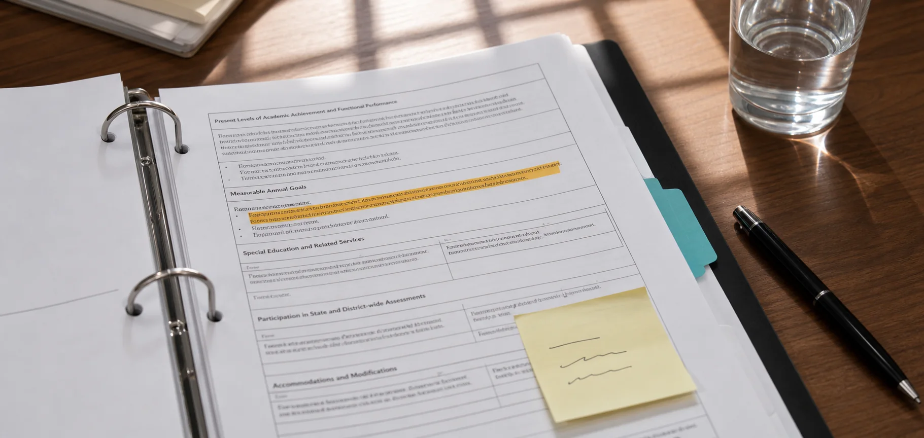 An IEP in a binder on a desk with one line highlighted